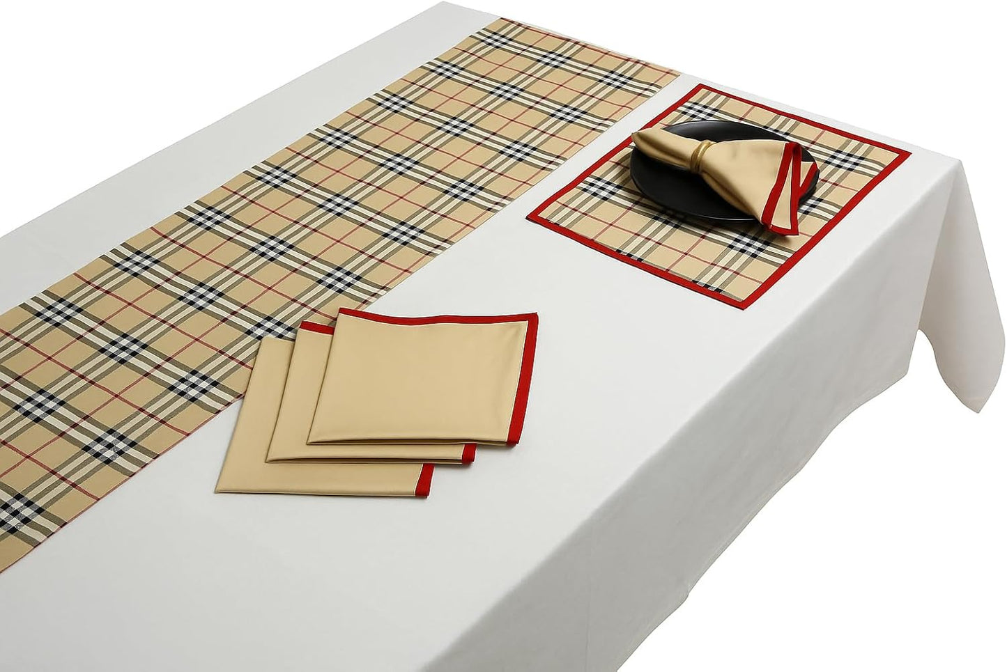Touchstone Indtresor Indian Heritage Fabric Cotton Table Linen Reversible Set Runner Napkins Mats in Khaki Black Red
