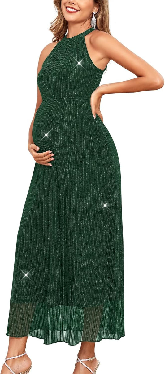 Maternity Sparkly Mesh Dress Halter Neck Sleeveless A Line Pregnancy Dresses Semi Formal Baby Shower Photoshoot