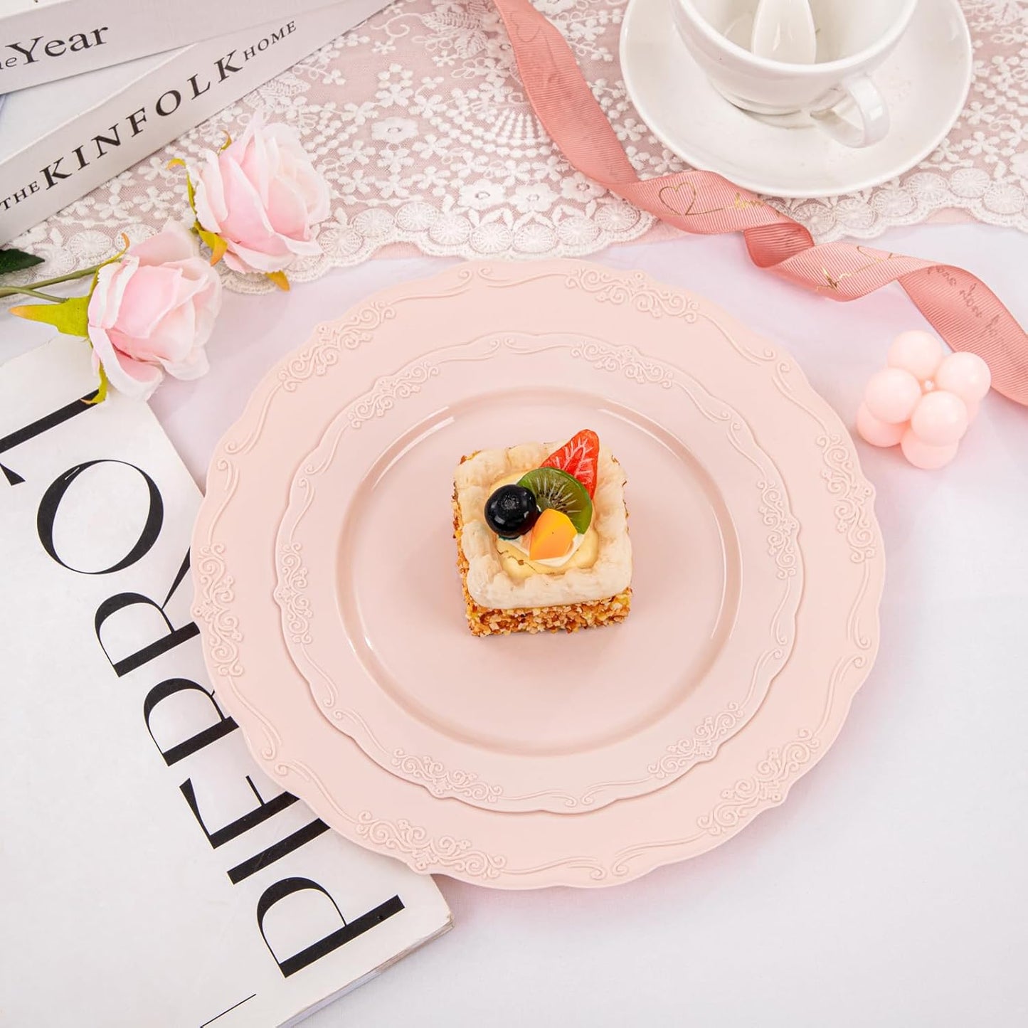 U-QE 100PCS Mauve Pink Plastic Plates - Plastic Party Plates Disposable Heavy Duty - Pink Disposable Plates for Party Including 50PCS 10'' Dinner & 50PCS 7.5'' Dessert