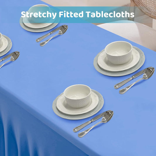 Table Skirts for 8ft Rectangle Tables - 1PCS Light Blue Table Covers for 8 Foot Tables, Wrinkle Resistant Ruffles Elastic Table Cloths and Table Skirt for Banquets/Weddings/Parties/Birthday
