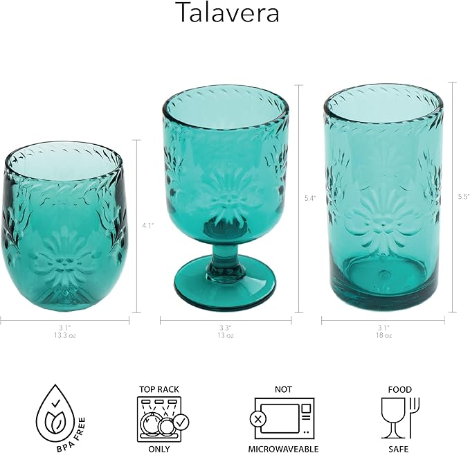 Talavera Premium Acrylic Drinkware Indoor/Outdoor, Tumbler, Teal, 18oz, Set of 6
