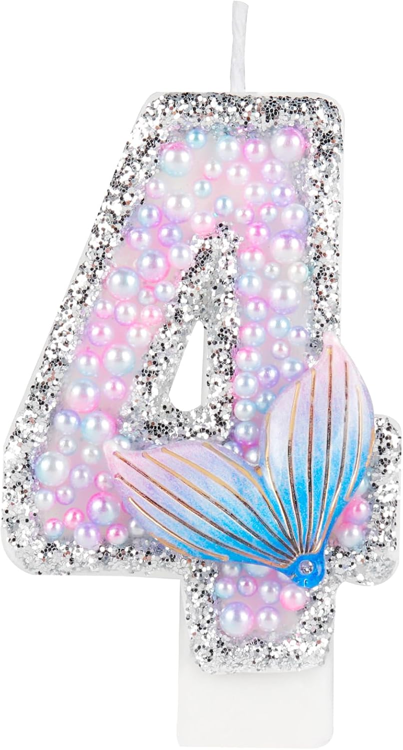 Girls Glitter MermaidTail 4th Birthday Candles,Pink Pearl MermaidTail Cake Toppers & Decor