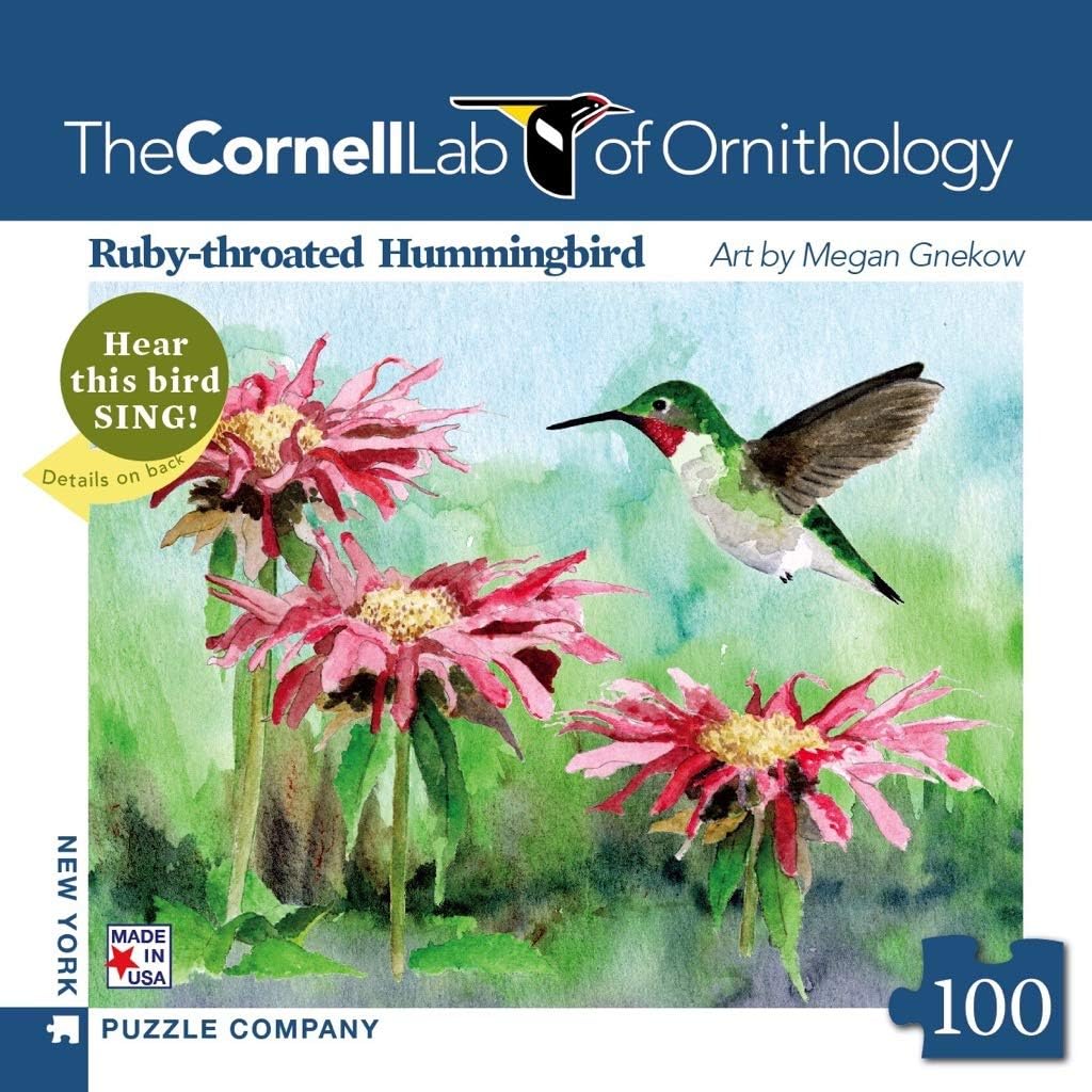 New York Puzzle Company - Cornell Lab Ruby-Throated Hummingbird Mini - 100 Piece Jigsaw Puzzle for Adults by Megan Gnekow