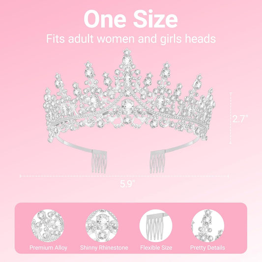 Birthday Tiara and Crown with Sash for Women | Silver Flexible Metal Queen Crown for Birthday Parties