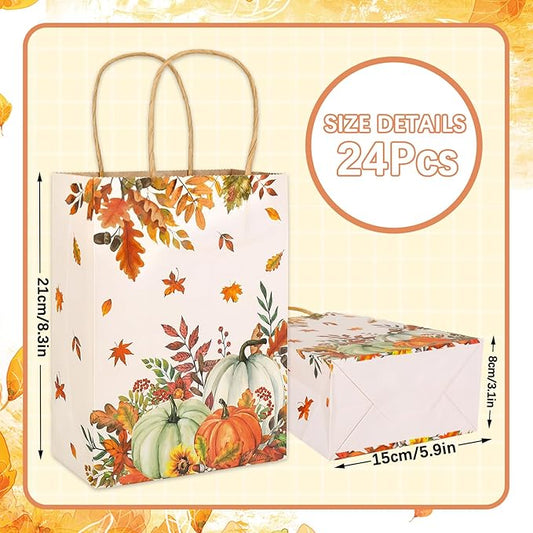 JarThenaAMCS 24Pcs Fall Kraft Paper Gift Bags Pumpkin Maple Leaves Treat Bags with Handles Grocery Shopping Bags Candy Goodie Bags for Autumn Thanksgiving Baby Shower Birthday Party Favors Supplies