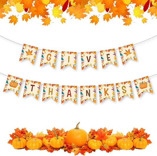 Give Thanks Banner - Happy Thanksgiving Decorations Banners, Fall Maple Leaf Pumpkin Sign Garland Backdrop Banner for Thanksgiving Party Supplies Favors Indoor Outdoor Home Office Wall Door Decor
