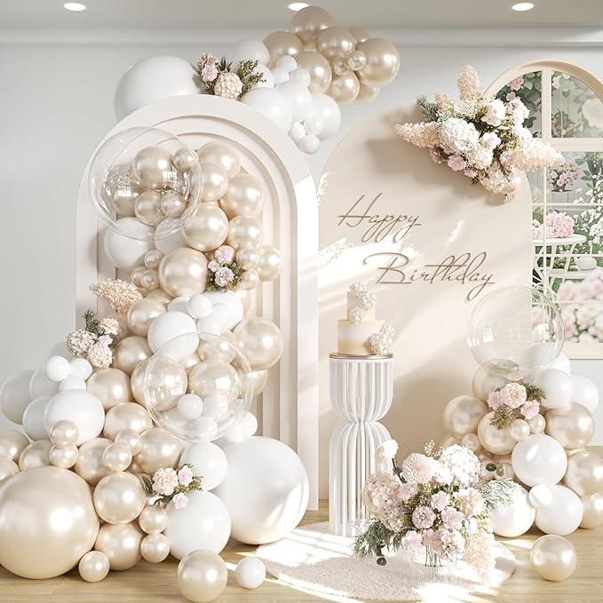 Pearl White Balloon Arch Kit - 126Pcs Different Sizes Double Stuffed Pearl White and Clear Balloons Garland Kit for Wedding Bridal Shower Engagement Birthday Baby Shower Party Decorations