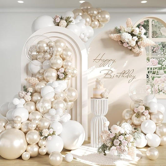 Pearl White Balloon Arch Kit - 126Pcs Different Sizes Double Stuffed Pearl White and Clear Balloons Garland Kit for Wedding Bridal Shower Engagement Birthday Baby Shower Party Decorations