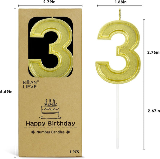 BEAN LIEVE Gold Birthday Candles Number 3, Gold Number Candles, Cake Number Candles for Birthday Parties and Wedding Anniversary Celebrations