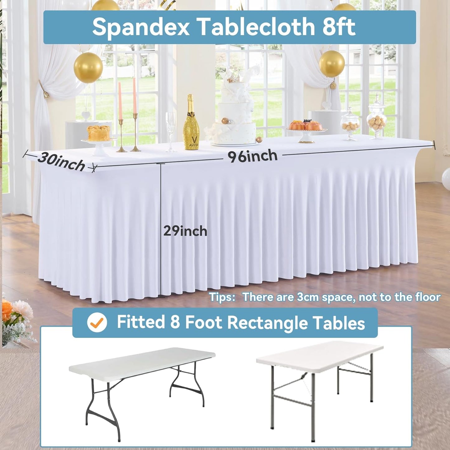 8 pk White Spandex Table Cloth Rectangle 8ft with Ruffle Skirt,Wrinkle Free High-Stretch Fitted Tablecloths for 8 Foot Rectangle Tables,Elastic Spandex Table Covers 8 ft for Parties Weddings Banquet