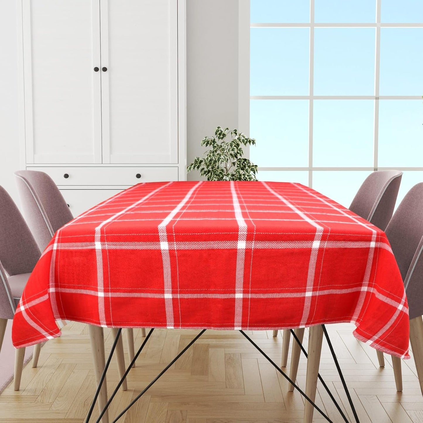 Urban Villa Tablecloth Big Checks Table Cloth Tabletop Cover Kitchen Dining Tablecloth 100% Cotton Great Parties Wedding Holiday Red White Rectangle 60X84 Inches 6-8 Seats Table Cloth