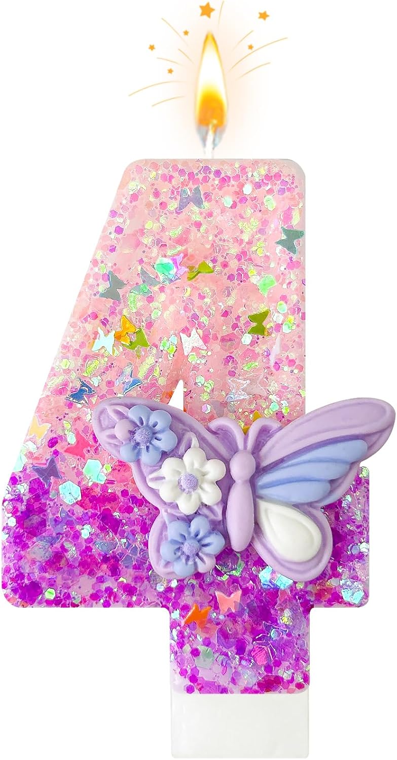 HXOUSE Butterfly Number 4 Birthday Candles - Pink & Purple Butterfly Birthday Candles for Cake, 4 Candle Topper for Anniversary Celebrations Supplies, Fairy Party Decorations for Girl (Number 4)