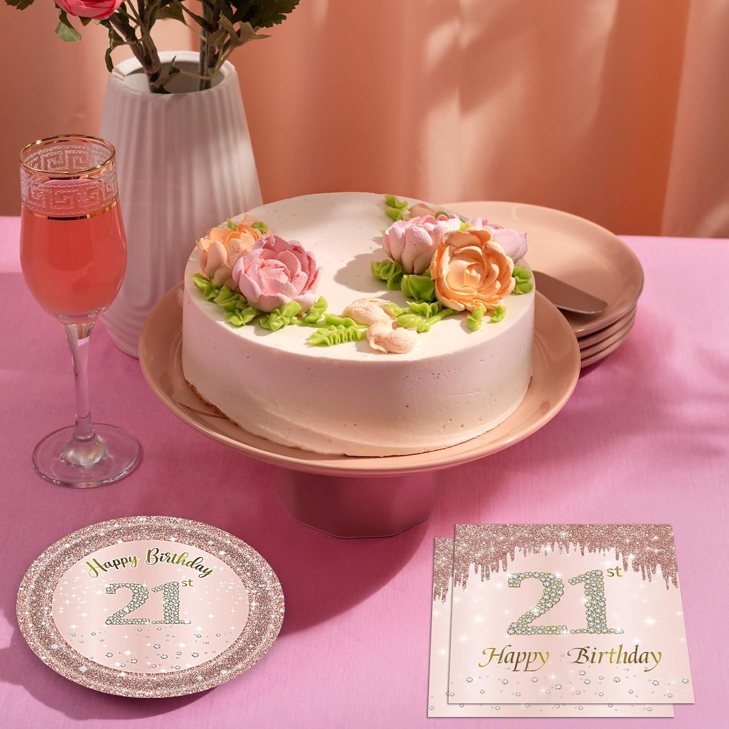 21st Birthday Decorations for Girls Her Rose Gold Party Supplies Include 20Pcs Plates 20Pcs Napkins Rose Gold Sweet 21 Birthday Party Tableware for 20 Guests