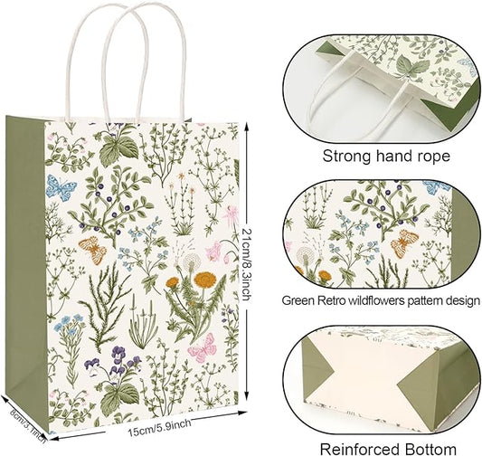 24Pcs Vintage Wildflowers Paper Gift Bags Green Wild Floral Party Favor Bags with Handles Decorative Goodie Candy Treat Bags for Spring Party Supplies