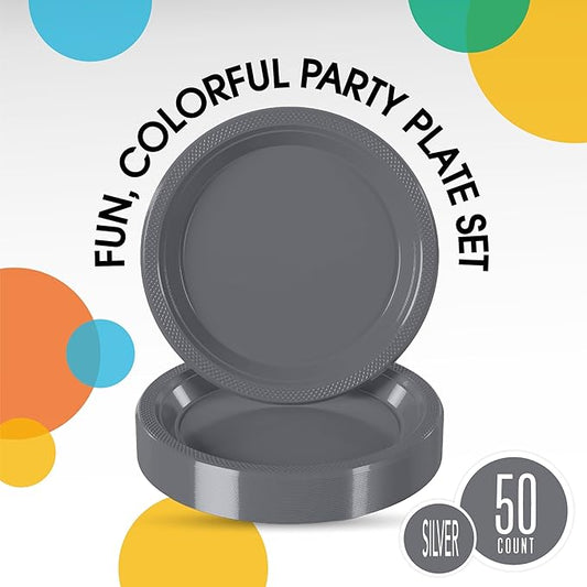 Exquisite Party Solids Silver Plastic Plates For Party Supplies 10" Silver Disposable Plates Heavy Duty 50 Pcs Plastic Dinnerware Sets Heavy Duty 350 GSM Disposable Dinnerware Set