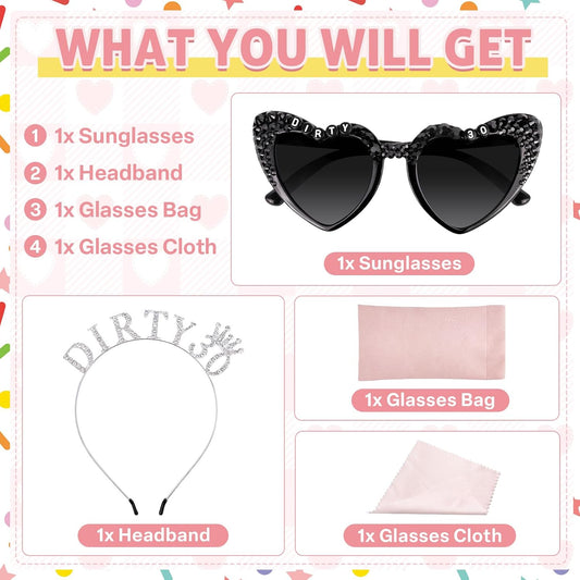 Dirty 30 Birthday Sunglasses with Crown, 30th Birthday Gifts Decorations for Women, Birthday Glasses Headband Tiara