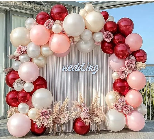 Red Pink White Balloons Double Stuffed Burgundy Pink Balloons Different Sizes Pearl White Burgundy Balloon Arch Kit for Bridal Wedding Birthday Baby Shower Mother's Day Party Decoration