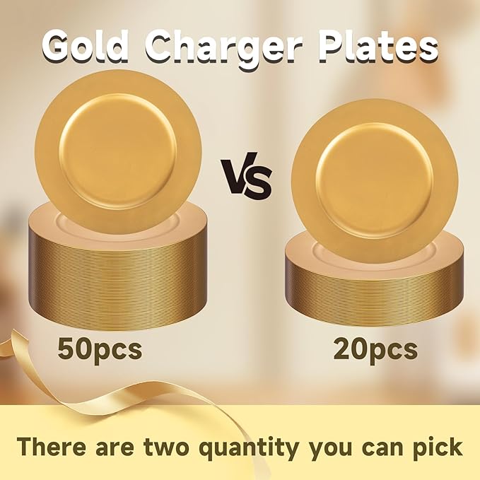 13 Inch Gold Charger Plates,50pcs Charger Plates Bulk,Chargers for Dinner Plate,Plastic Chargers Plate for Wedding,Party