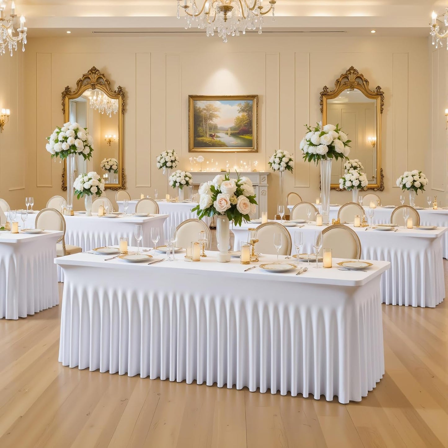 2 Pack 8ft White Spandex Tablecloths for Rectangle Tables Wrinkle Free White Rectangle Table Cloth Stretch Fitted 8 foot Table Cover with Skirt for Wedding Birthday Party Banquet Baby Shower Buffet