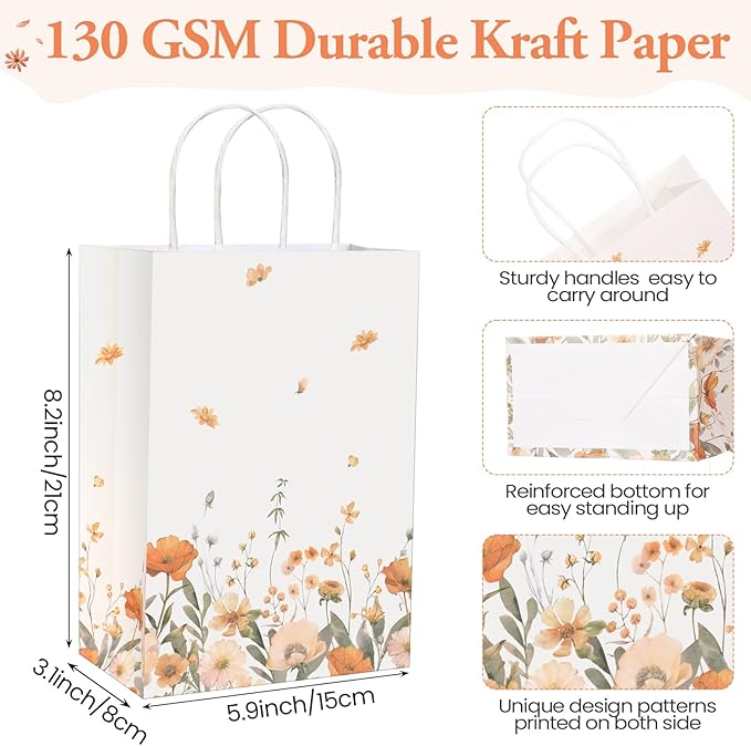 Marspark 24 Pcs Thanksgiving Floral Paper Gift Bags Wildflower Treat Bag with Handles for Wedding Birthday Baby Shower Autumn Floral Candy Goodie Bag for Guests, 8.3'' x 5.9'' x 3.1''(Vintage)