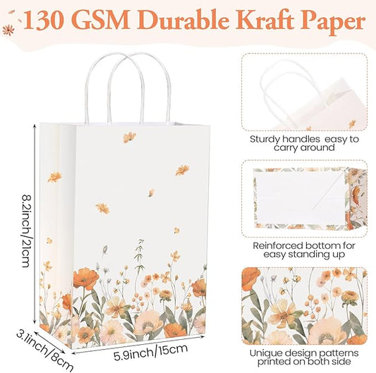 Marspark 24 Pcs Thanksgiving Floral Paper Gift Bags Wildflower Treat Bag with Handles for Wedding Birthday Baby Shower Autumn Floral Candy Goodie Bag for Guests, 8.3'' x 5.9'' x 3.1''(Vintage)