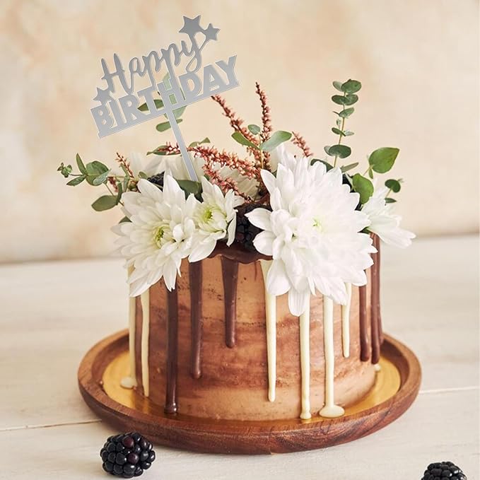 DIVINA VITAE 6 Pcs Silver Acrylic Happy Birthday Cake Toppers & Inserts - 6.29" W x 9.44" H - Perfect for Cupcakes, Cakes, Parties & More