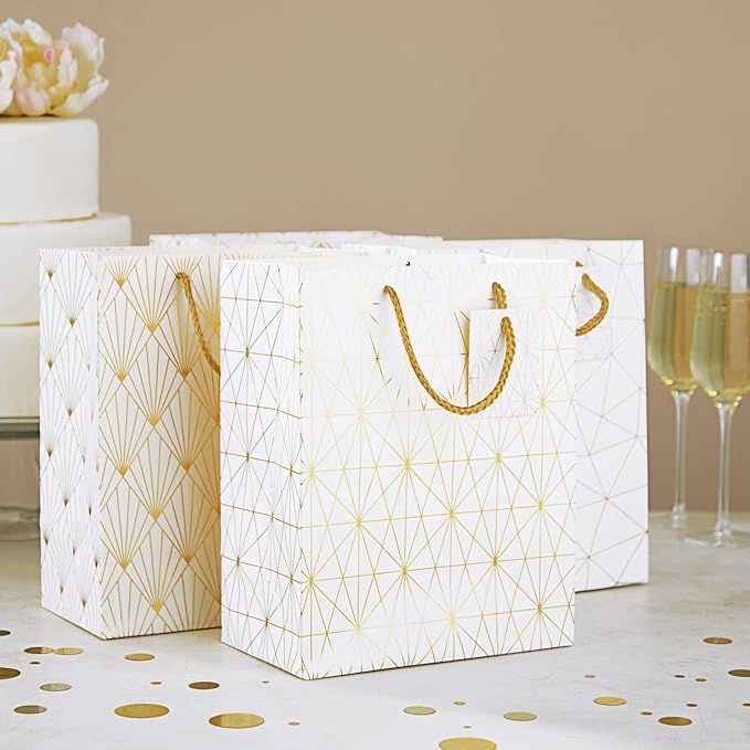 Sparkle and Bash Party Favor Bags - 8" x 10" x 4.5", Medium White & Gold, 16 Pack - Geometric Foil w/Rope Handles & Tags - Reusable Thank You Gift & Mini Gift Bags for Wedding, Bridal & Baby Showers