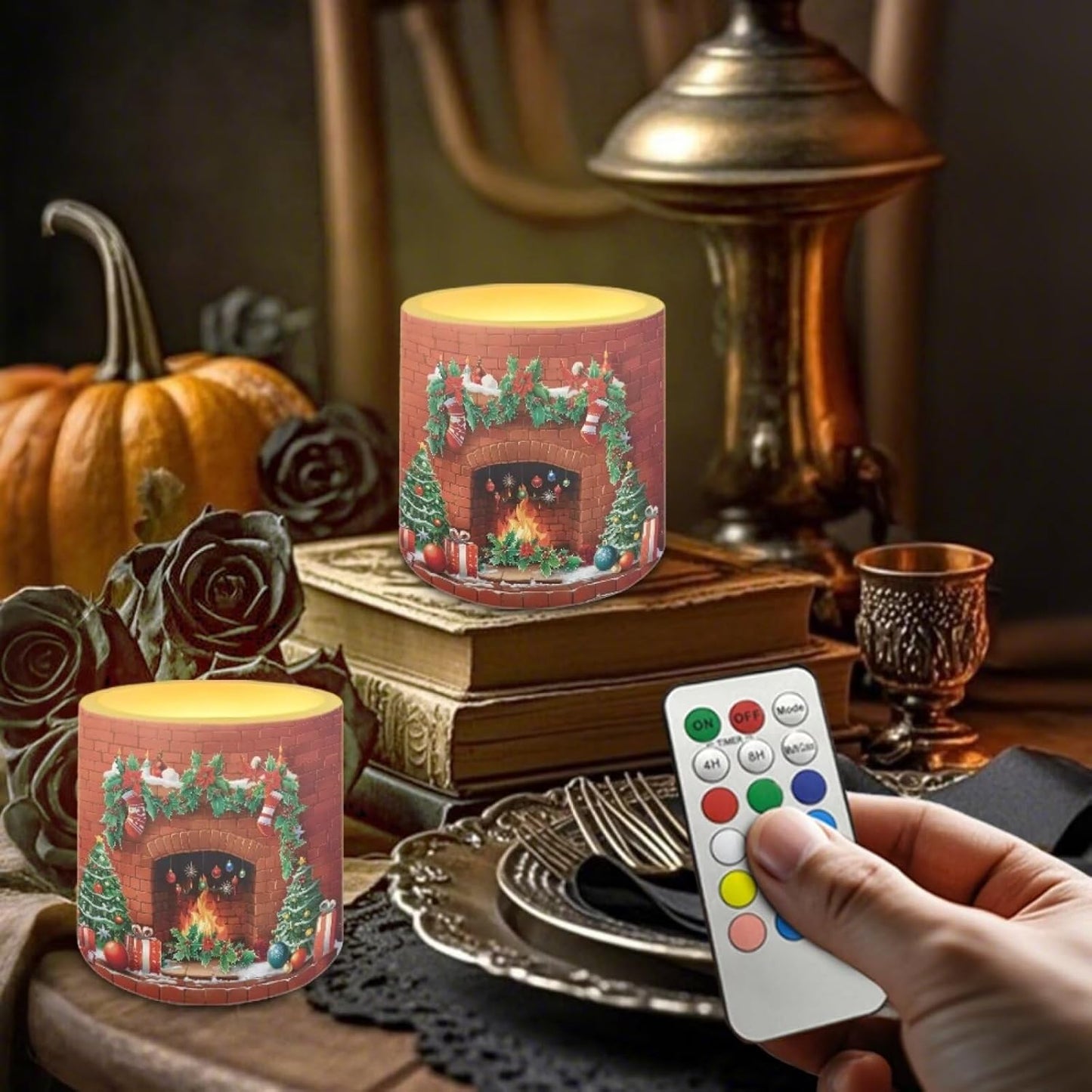 Poceacles 4 PCS Christmas Flameless Candles with Remote Timer LED Pillar Lights Battery Powered Realistic Flickering Wick Candles for Home Special Events Decor, Christmas Fireplace Pattern