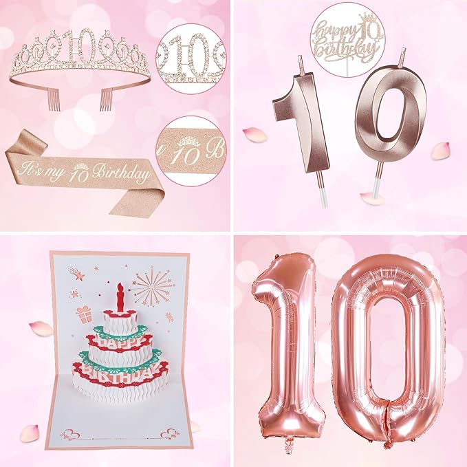10th Birthday Decorations for Girls, Include 10th Birthday Sash and Tiara, Cake Topper and Candles, Number Balloons, 3D Pop Up Greeting Card, 10 Year Old Gifts for Girls
