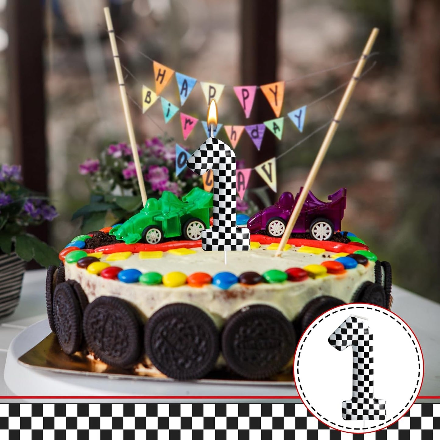 Racing Cars Themed Birthday Candle Number 1 Checkered Candle Birthday Party Decoration Cake Topper for Racing Car Party Decoration Theme Party Supplies (Number 1)