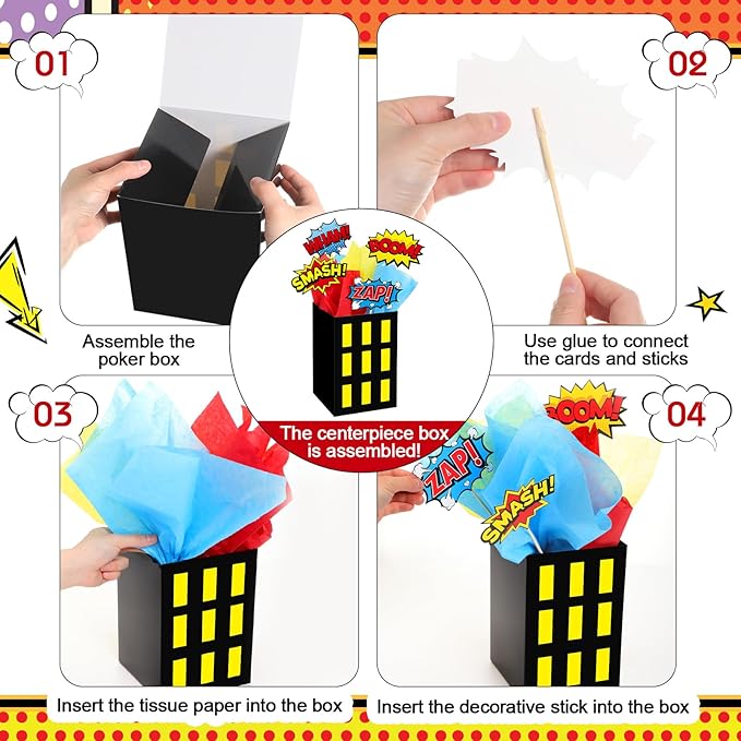 8 Sets Hero Theme Party Decoration Hero Boxes Centerpiece (7.9 x 5.1 x 5.1 Inch) Sticks with Tissue Paper Standing Cards Birthday Baby Shower Party Supplies (Yellow)