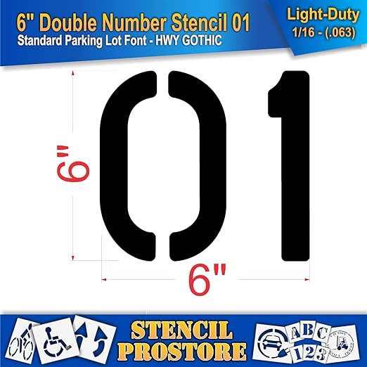 Pavement, Curb, and WheelStop Stencils - 6 inch Double Number Stencil - (01) - 6" x 6" x 1/16" (63 mil) - Light-Duty