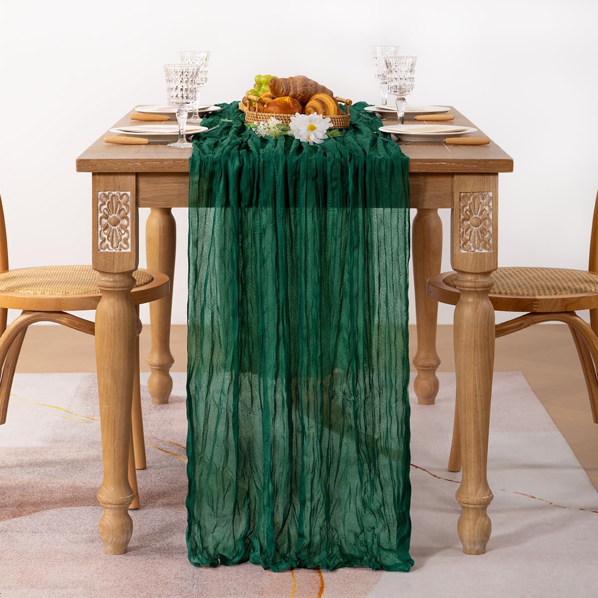 MLMC 3 Pack Emerald Green Cheesecloth Table Runner Boho Dark Green Cheese Cloth Table Runner 10ft Sheer Gauze Fall Cheesecloth Decorations for Wedding Home Party Decor