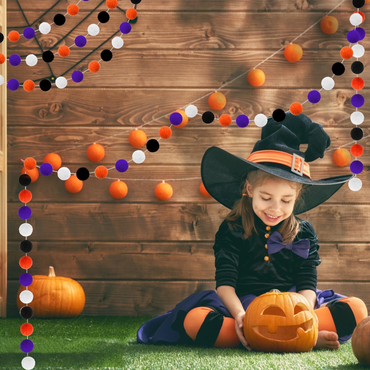 Halloween Pom Pom Garland Halloween Decorations 3pk Orange Purple Black White Felt Ball Garland Cute Hanging Decor for Room Home Office Classroom Wall, Fall Wedding Birthday Party Decorations Supplies