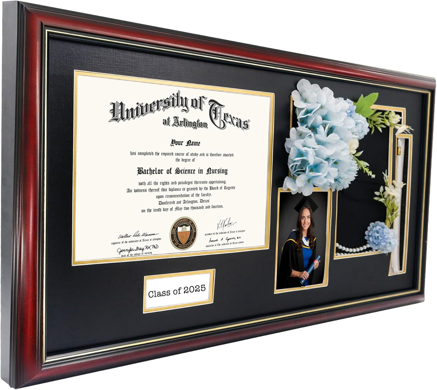 GraduationMall Class of 2025 Graduation Frame for 8.5x11 Diploma & 4x6 Photo with Graduation Cap & Tassel Holder, Cherry Wood Display Case with Black Gold Mat