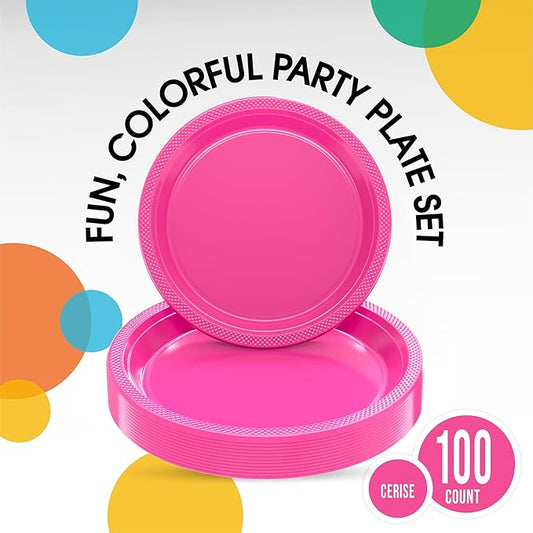 Party Solids Hot Pink Plastic Plates For Party Supplies, Hot Pink Disposable Plates 100 Pieces - 50-7" & 50-9" Heavy Duty 350 GSM Disposable Dinnerware Sets, Plastic Dinnerware Sets