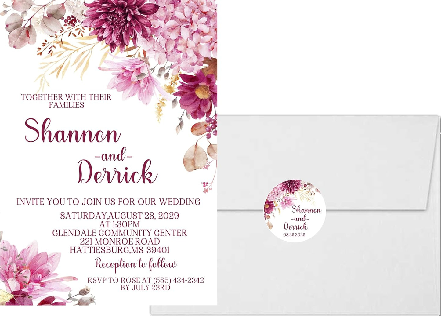 Pink Wedding Invitations, Shades of Pink Floral, Personalized, Set of 12 Invitations with Envelopes