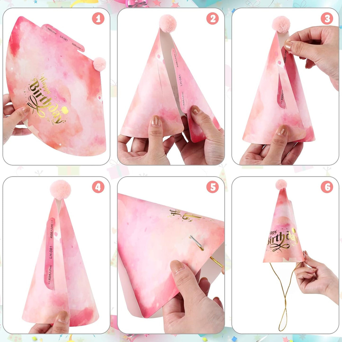 16 Pcs Birthday Party Hats Party Cone Hat with Pom Poms Birthday Glasses Photo Booth Props for Kids Adults (Cute Style)