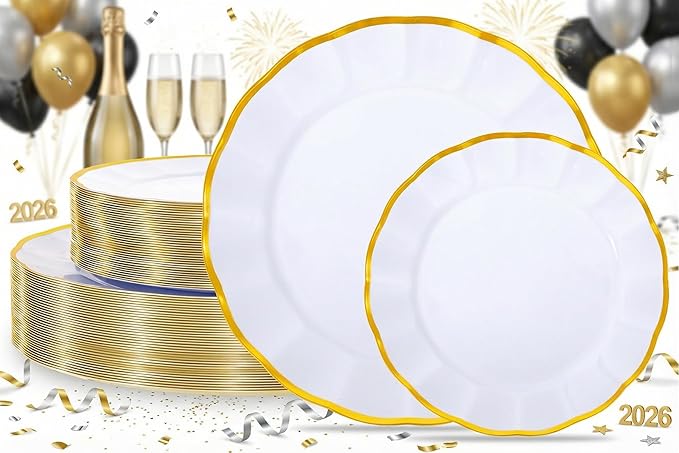 supernal 60 pcs White and Gold Plastic Plates for Party Fancy Elegant Scalloped Plates Heavy Duty Bridal Shower Plate Wedding Disposable Dinnerware Included 30 Gold Dessert Plate and 30 Dinner Plate