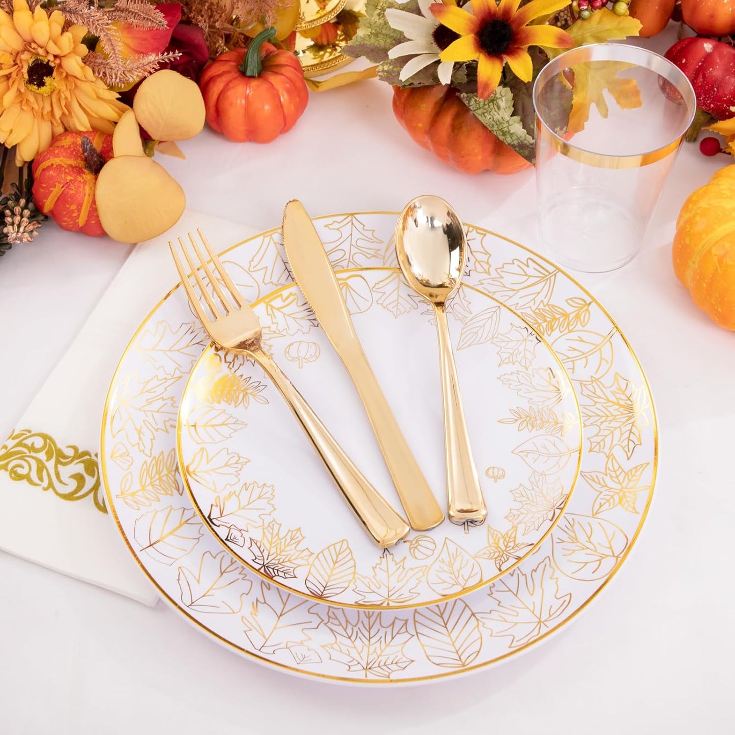 Supernal 175pcs Thanksgiving Gold Plastic Plates,Disposable Dinnerware Set,Elegant Thanksgiving Maple Leaf Design,25Gold Plastic Silverware,25Gold Disposable Cups and Gold Paper Napkins
