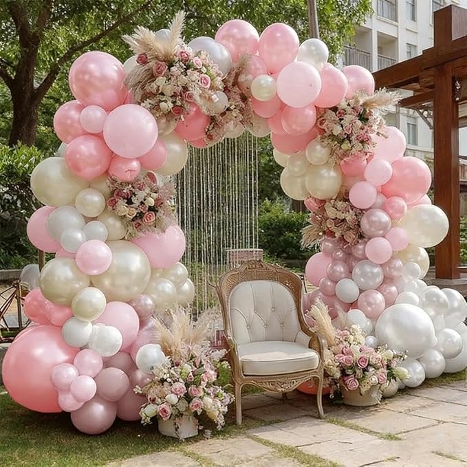 Pearl Pink White Balloon Arch, Double Stuffed Light Pastel Pink Cream White Sand Balloon Garland Kit for Valentines Birthday Baby Shower Bridal Wedding Mother's Day Party Decorations