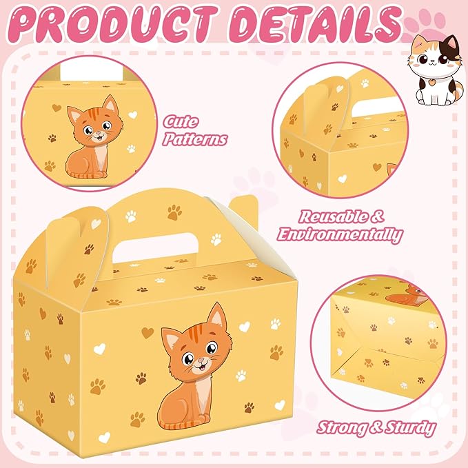 24 Pcs Cat Party Favors Treat Boxes Kitten Goodie Bags Foldable Pet Gift Bag Adopt a Kitty Goody Box Cat Themed Party Favors for Birthday Wedding Bridal Shower Supplies