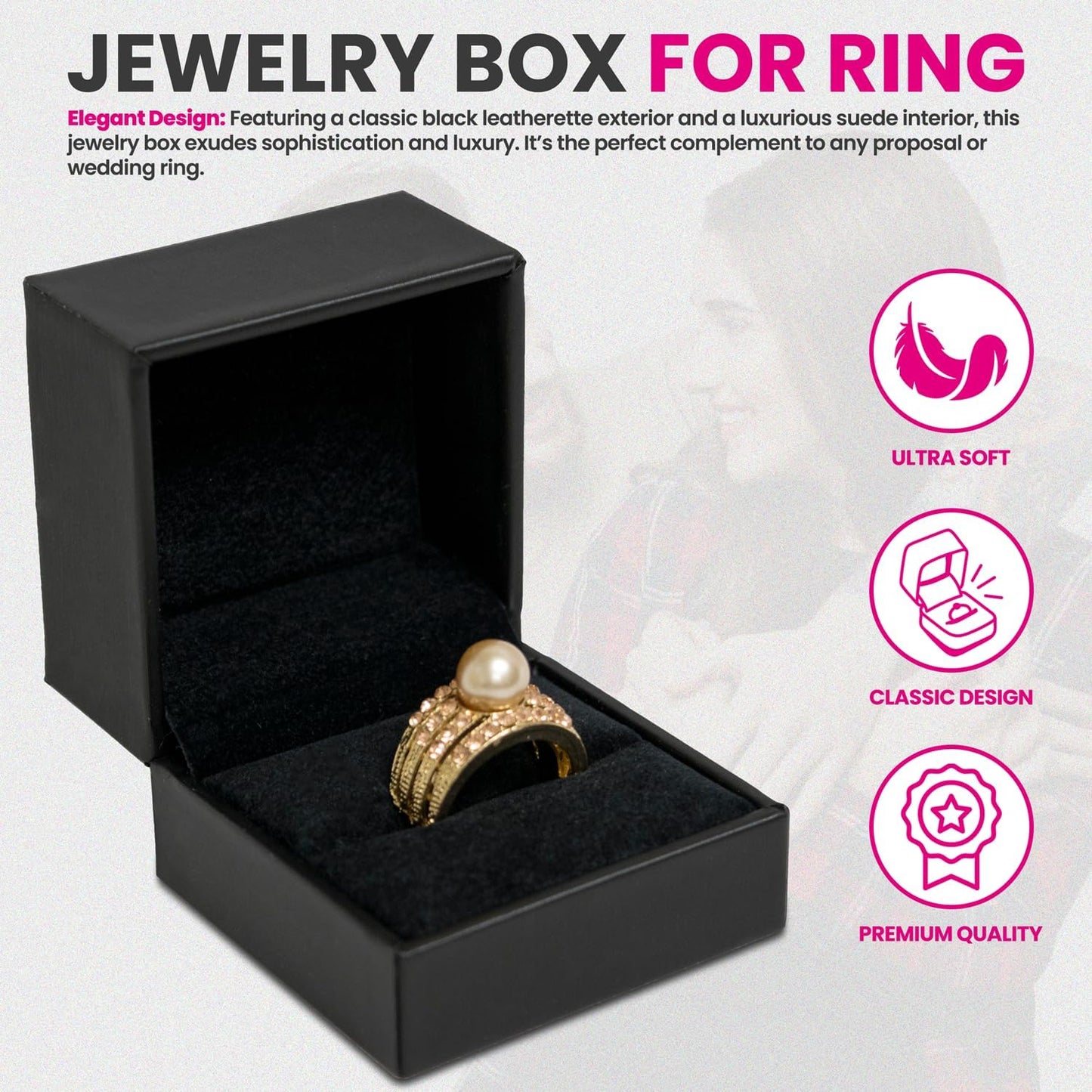 Novel Box Black Jewelry Box for Rings 2.37x2.37x1.87 Inches - Slot Ring Gift Box for Proposal Wedding Engagement - Faux Leatherette Jewelry Display Box - Gift Presentation Boxes for Rings