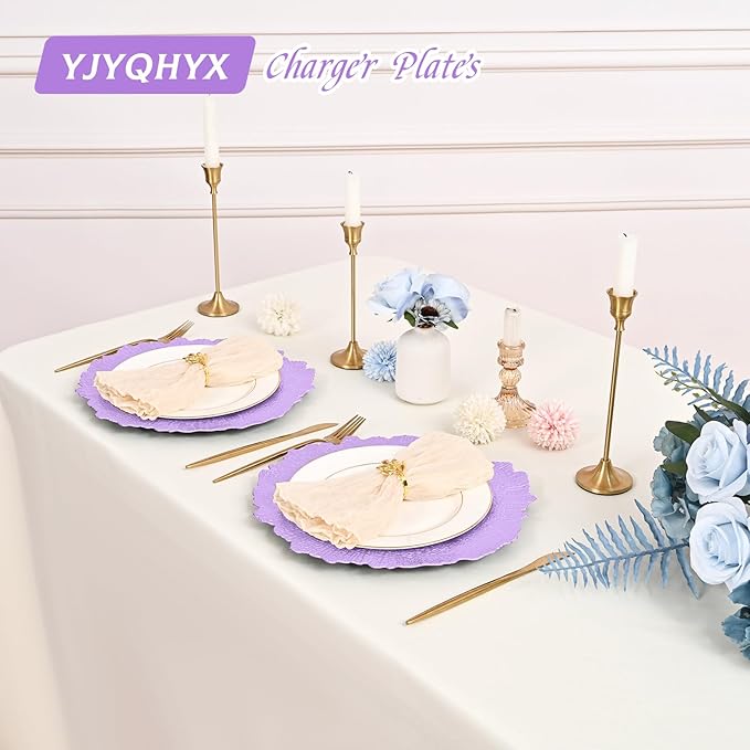24 Pack Lavender Charger Plates Bulk, 13" Plastic Reef Chargers for Dinner Plates, Round Charger Plate with Floral Reef Design for Dinner Wedding Party Table Setting Decoration