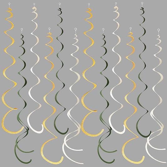 36Pcs Sage Green Gold Hanging Swirl Decorations Glitter Gold Olive Green Beige Felt Swirl Streamer Spiral Ceiling Garland for Wild One Jungle Woodland Safari Neutral Birthday Baby Shower Wedding Party