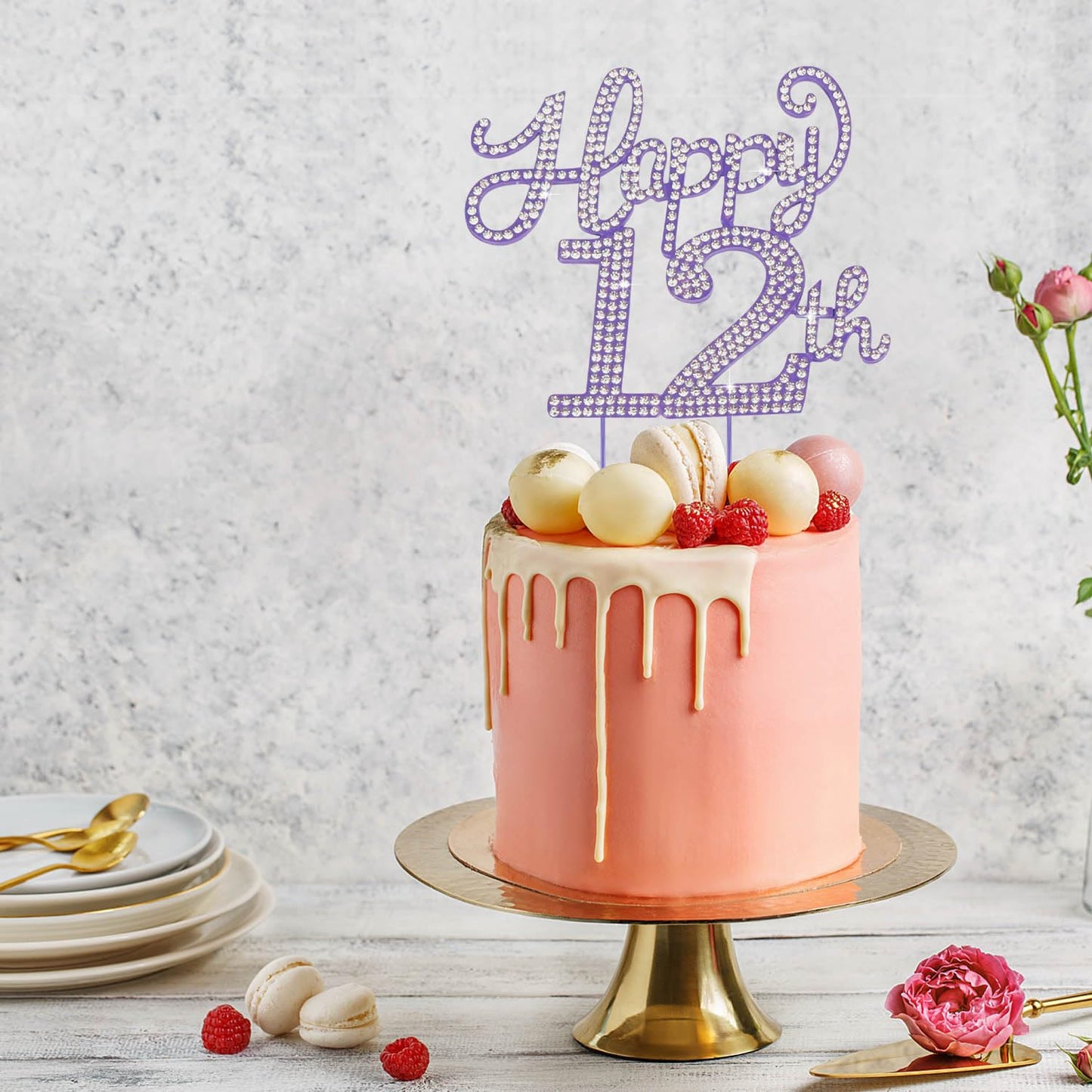 Happy 12th Birthday Purple Rhinestone Cake Topper - 12th Birthday/Anniversary,Cheers to Twelve Years Old Bday Party Metal Sparkly Centerpieces Decorations.