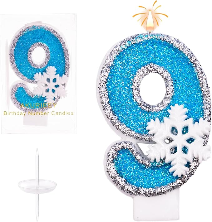 9th Blue Snowflake Birthday Candles Frozen Themed Number 9 Candles for Cake Topper Cupcake Decorations Party Decor Anniversary Celebrations Supplies