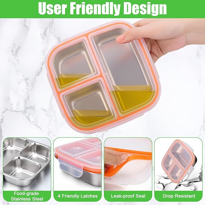 Palksky Snackle Box Container Stainless Steel, 4Pack Reusable Snack Bento Box with Lids, 3 Compartments Metal Food Storage Containers for Picnic, Travel