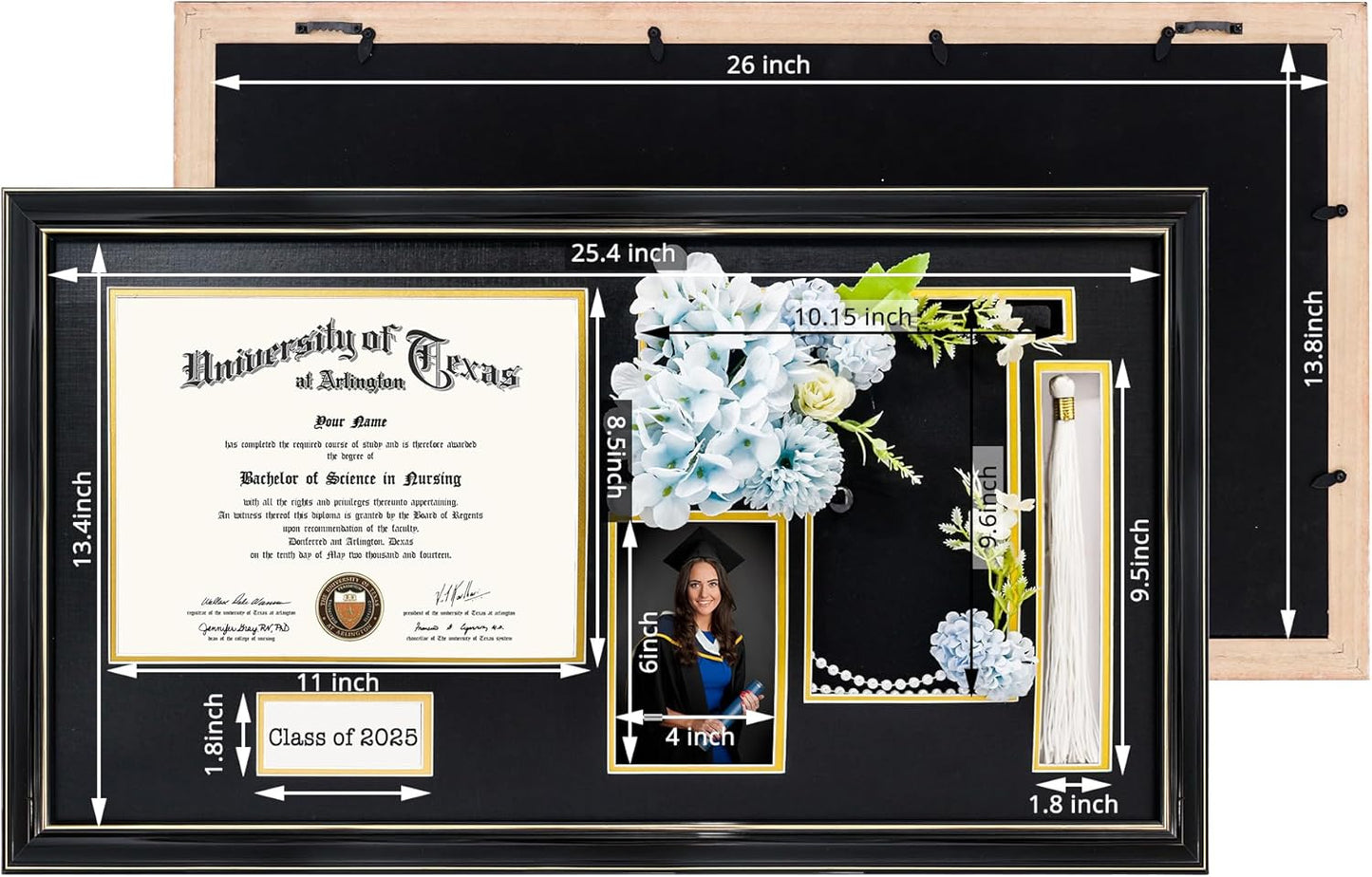 GraduationMall Class of 2025 Graduation Frame for 8.5x11 Diploma & 4x6 Photo with Graduation Cap & Tassel Holder, Black Wood Display Case with Black Gold Mat