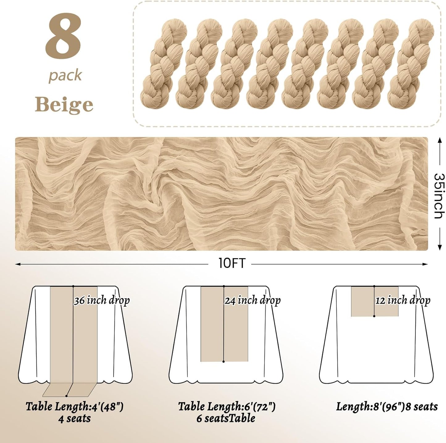 8Pack Beige Table Runner 10FT Cheesecloth Table Runner 35x120Inch Long Boho Cheese Cloth Table Runners Rustic Gauze Table Runners for Party Wedding Bridal Shower Baby Shower Decorations